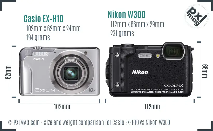 Casio EX-H10 vs Nikon W300 size comparison
