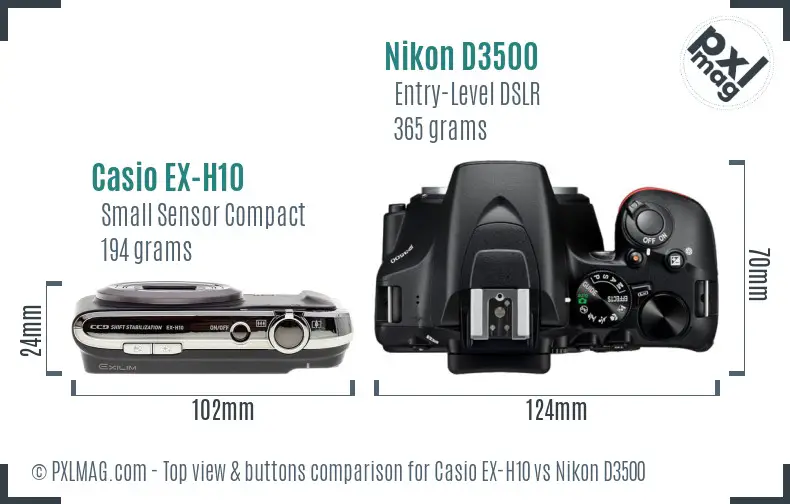 Casio EX-H10 vs Nikon D3500 top view buttons comparison