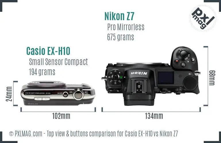 Casio EX-H10 vs Nikon Z7 top view buttons comparison