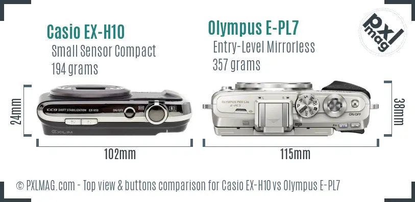 Casio EX-H10 vs Olympus E-PL7 top view buttons comparison