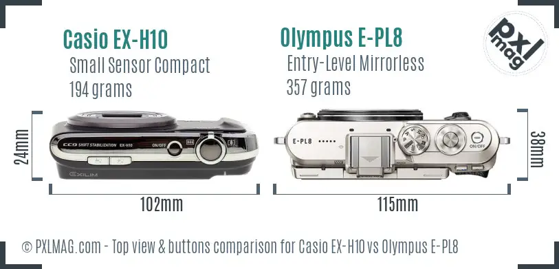 Casio EX-H10 vs Olympus E-PL8 top view buttons comparison