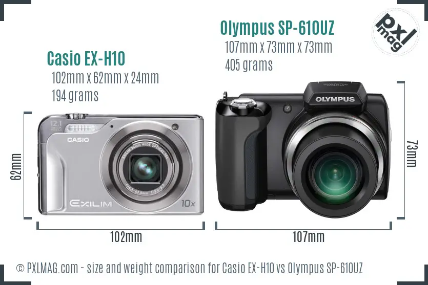 Casio EX-H10 vs Olympus SP-610UZ size comparison Casio EX-H10 vs Olympus SP-610UZ size comparison