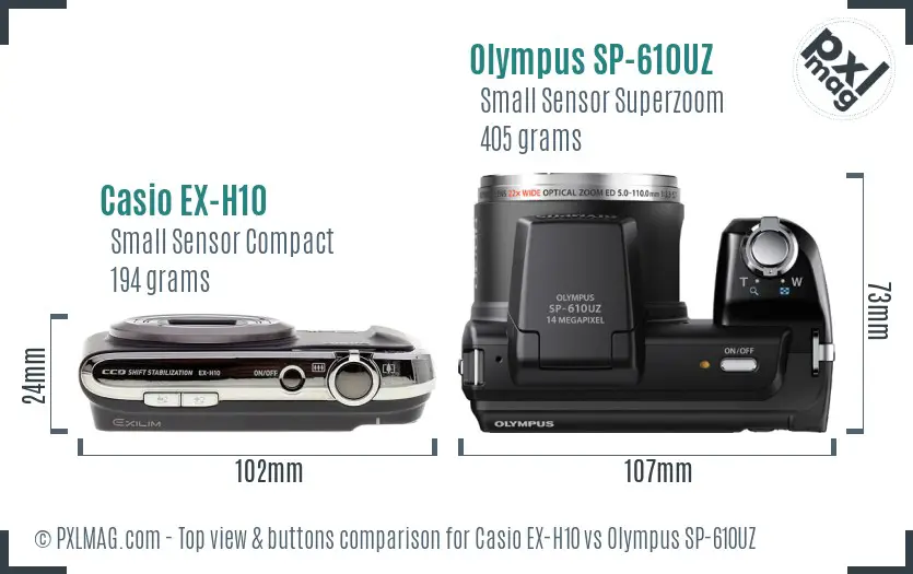 Casio EX-H10 vs Olympus SP-610UZ top view buttons comparison Casio EX-H10 vs Olympus SP-610UZ top view buttons comparison