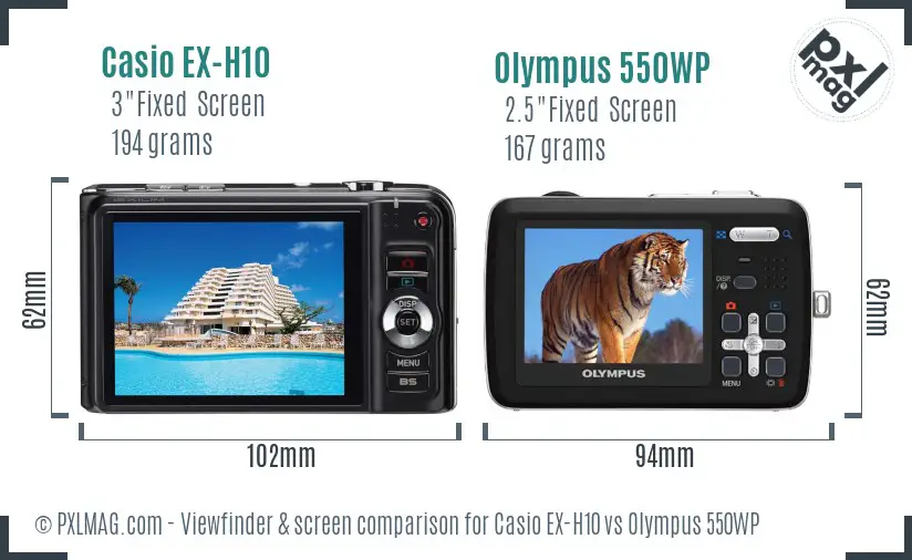 Casio EX-H10 vs Olympus 550WP Screen and Viewfinder comparison
