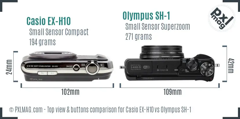 Casio EX-H10 vs Olympus SH-1 top view buttons comparison Casio EX-H10 vs Olympus SH-1 top view buttons comparison