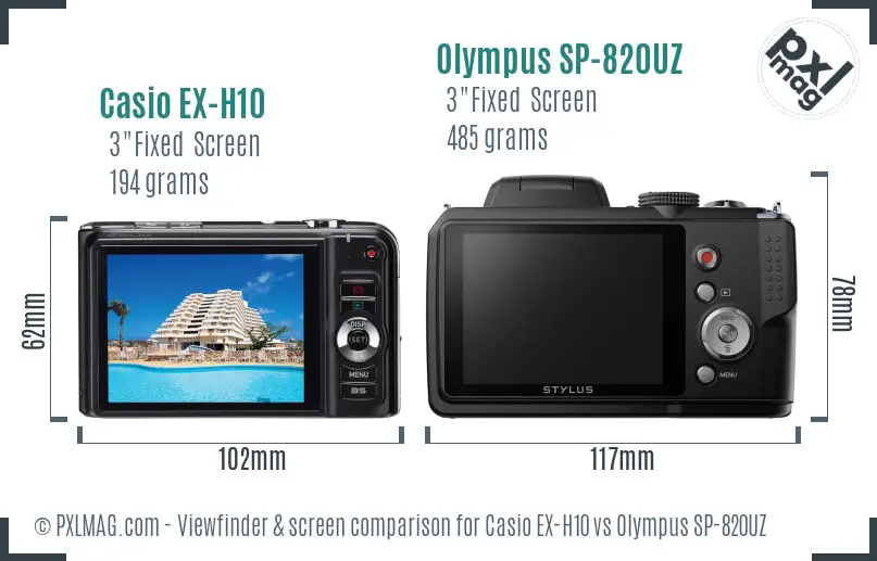Casio EX-H10 vs Olympus SP-820UZ Screen and Viewfinder comparison