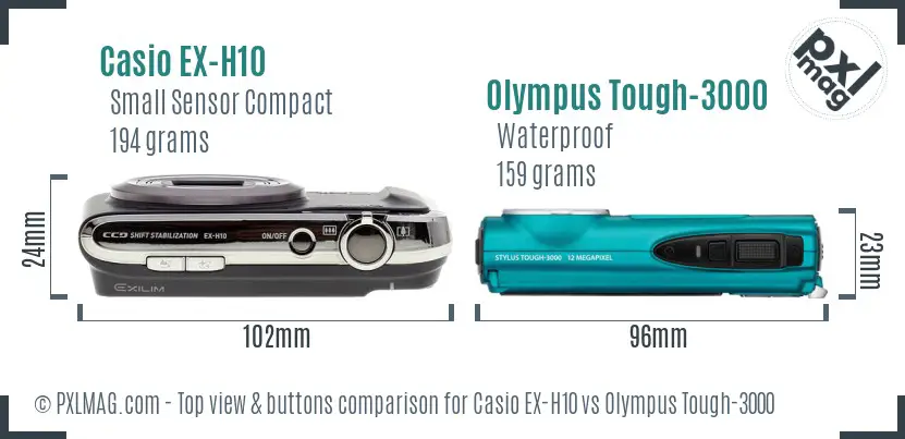 Casio EX-H10 vs Olympus Tough-3000 top view buttons comparison Casio EX-H10 vs Olympus Tough-3000 top view buttons comparison