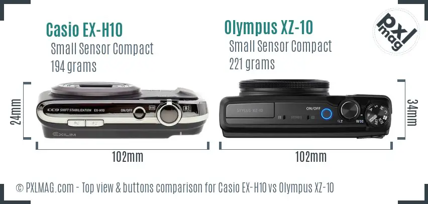 Casio EX-H10 vs Olympus XZ-10 top view buttons comparison Casio EX-H10 vs Olympus XZ-10 top view buttons comparison