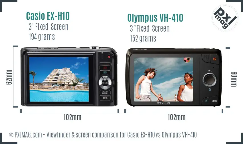 Casio EX-H10 vs Olympus VH-410 Screen and Viewfinder comparison