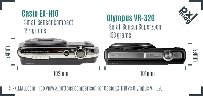 Casio EX-H10 vs Olympus VR-320 top view buttons comparison Casio EX-H10 vs Olympus VR-320 top view buttons comparison