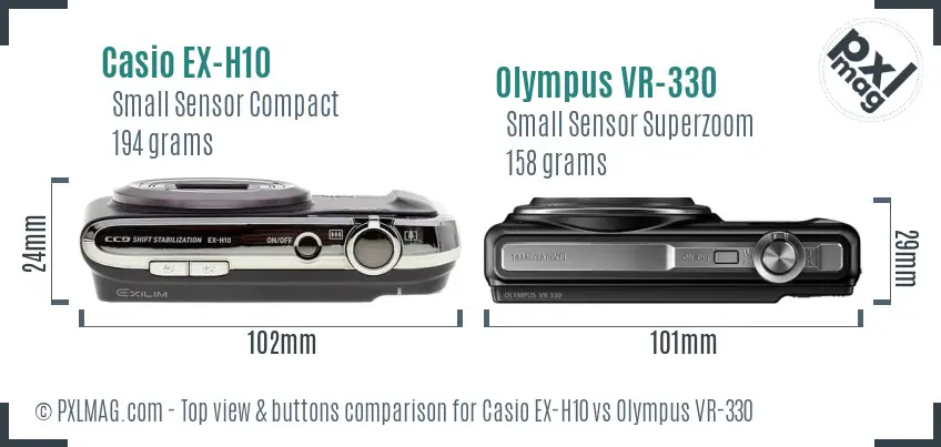 Casio EX-H10 vs Olympus VR-330 top view buttons comparison Casio EX-H10 vs Olympus VR-330 top view buttons comparison