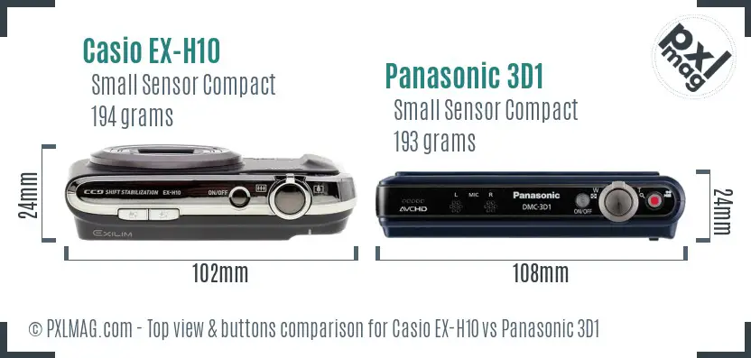 Casio EX-H10 vs Panasonic 3D1 top view buttons comparison