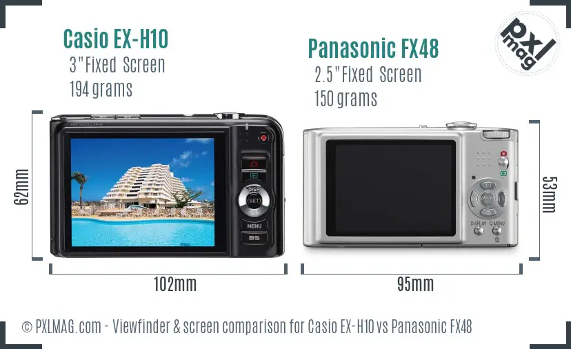 Casio EX-H10 vs Panasonic FX48 Screen and Viewfinder comparison