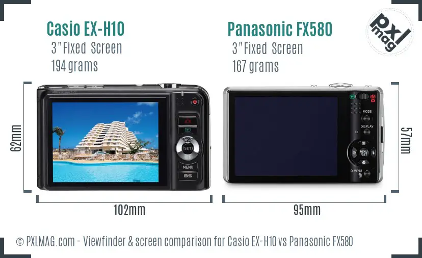 Casio EX-H10 vs Panasonic FX580 Screen and Viewfinder comparison
