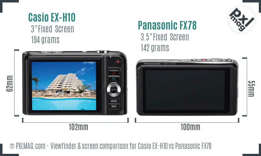 Casio EX-H10 vs Panasonic FX78 Screen and Viewfinder comparison