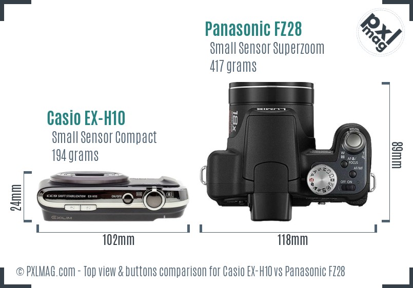 Casio EX-H10 vs Panasonic FZ28 top view buttons comparison