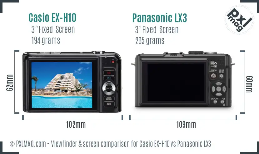 Casio EX-H10 vs Panasonic LX3 Screen and Viewfinder comparison