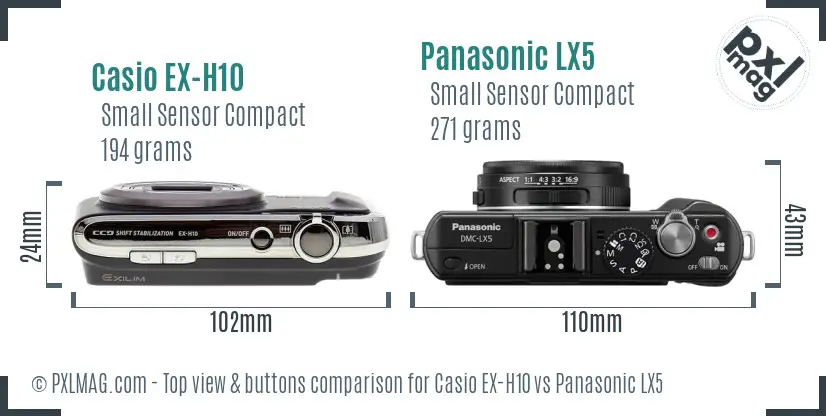 Casio EX-H10 vs Panasonic LX5 top view buttons comparison Casio EX-H10 vs Panasonic LX5 top view buttons comparison