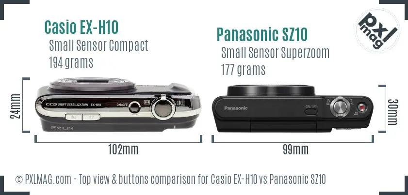 Casio EX-H10 vs Panasonic SZ10 top view buttons comparison Casio EX-H10 vs Panasonic SZ10 top view buttons comparison