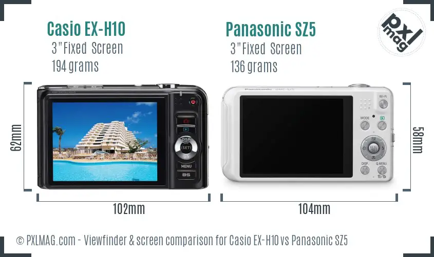 Casio EX-H10 vs Panasonic SZ5 Screen and Viewfinder comparison