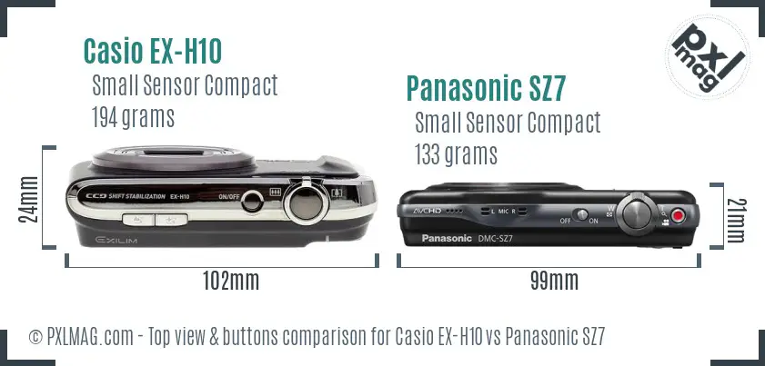 Casio EX-H10 vs Panasonic SZ7 top view buttons comparison Casio EX-H10 vs Panasonic SZ7 top view buttons comparison