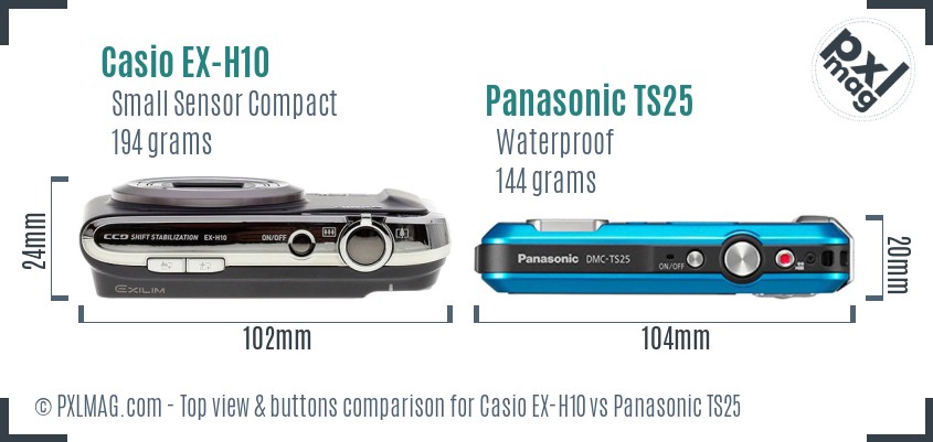 Casio EX-H10 vs Panasonic TS25 top view buttons comparison
