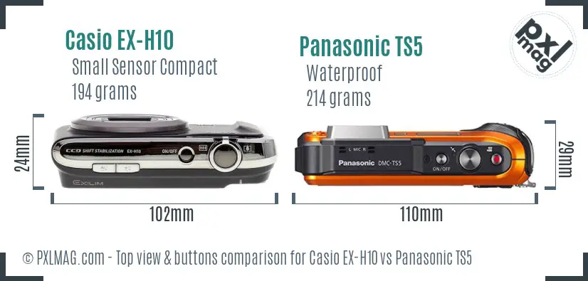 Casio EX-H10 vs Panasonic TS5 top view buttons comparison Casio EX-H10 vs Panasonic TS5 top view buttons comparison