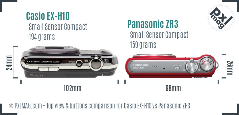 Casio EX-H10 vs Panasonic ZR3 top view buttons comparison