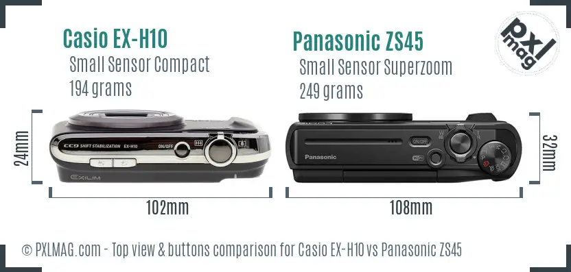 Casio EX-H10 vs Panasonic ZS45 top view buttons comparison Casio EX-H10 vs Panasonic ZS45 top view buttons comparison