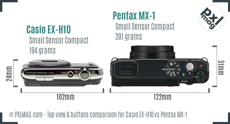 Casio EX-H10 vs Pentax MX-1 top view buttons comparison