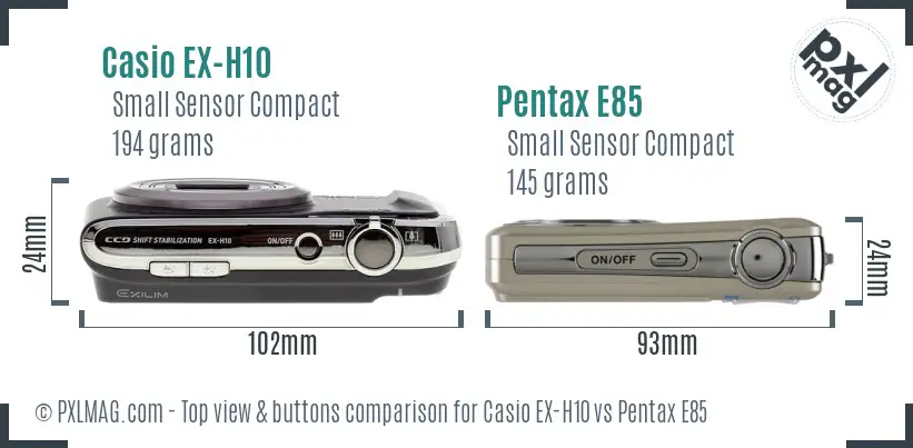 Casio EX-H10 vs Pentax E85 top view buttons comparison