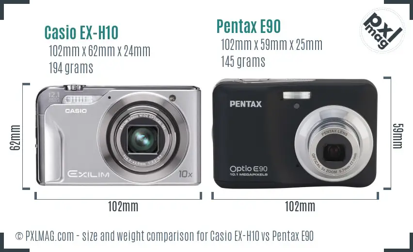 Casio EX-H10 vs Pentax E90 size comparison