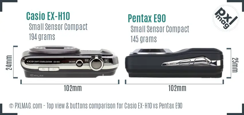 Casio EX-H10 vs Pentax E90 top view buttons comparison