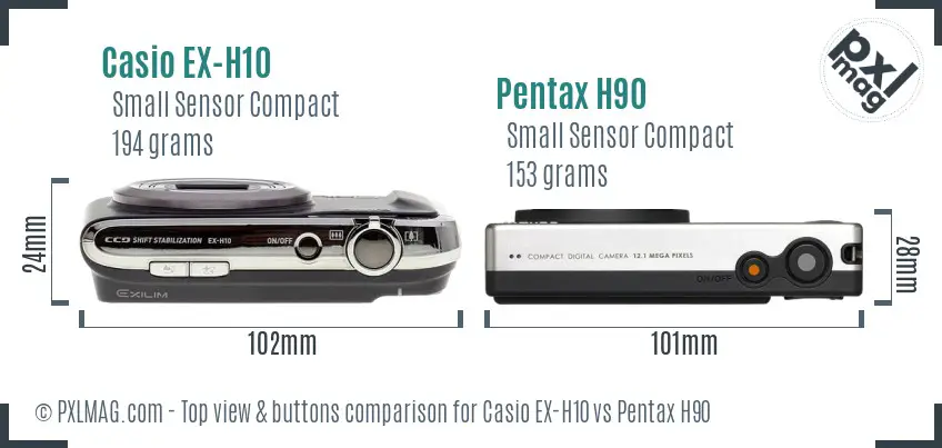 Casio EX-H10 vs Pentax H90 top view buttons comparison