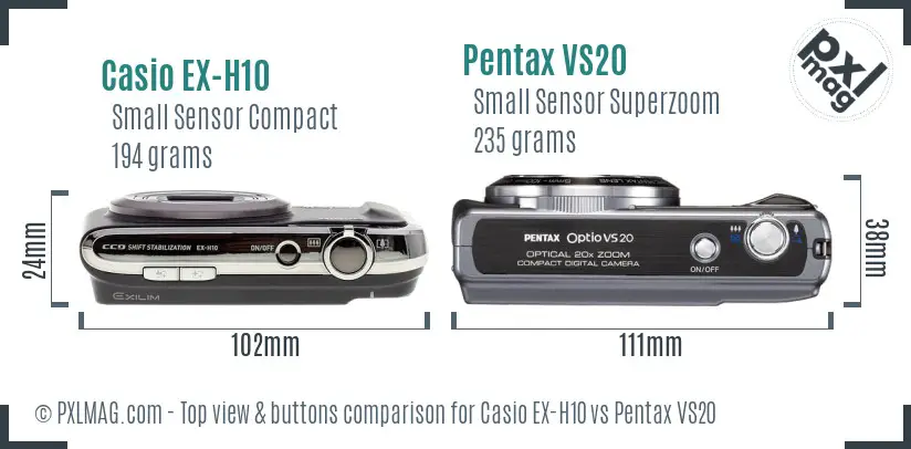 Casio EX-H10 vs Pentax VS20 top view buttons comparison Casio EX-H10 vs Pentax VS20 top view buttons comparison