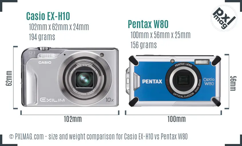 Casio EX-H10 vs Pentax W80 size comparison