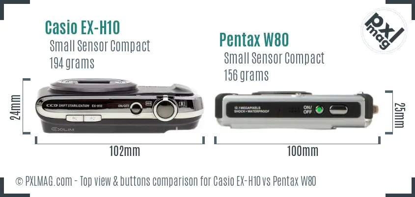 Casio EX-H10 vs Pentax W80 top view buttons comparison