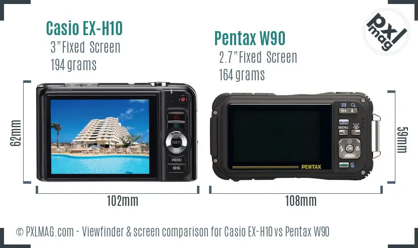 Casio EX-H10 vs Pentax W90 Screen and Viewfinder comparison