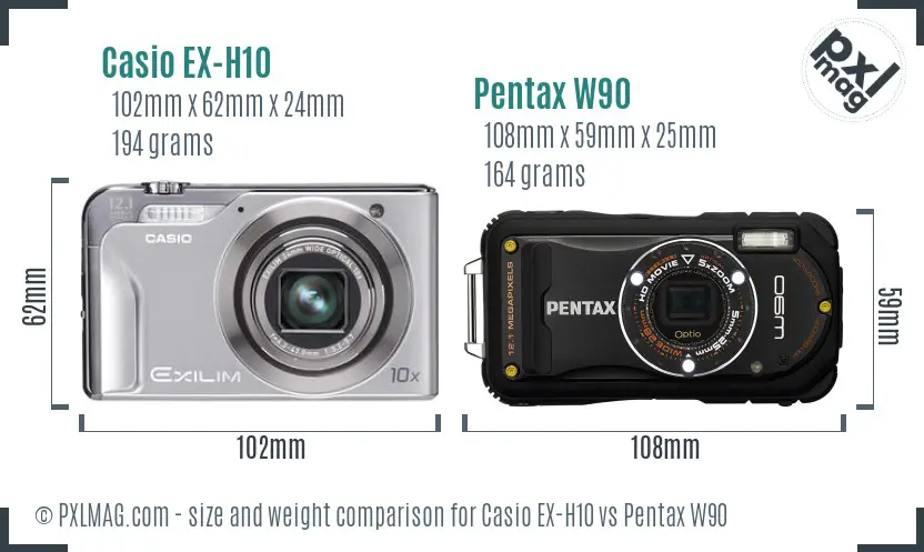 Casio EX-H10 vs Pentax W90 size comparison