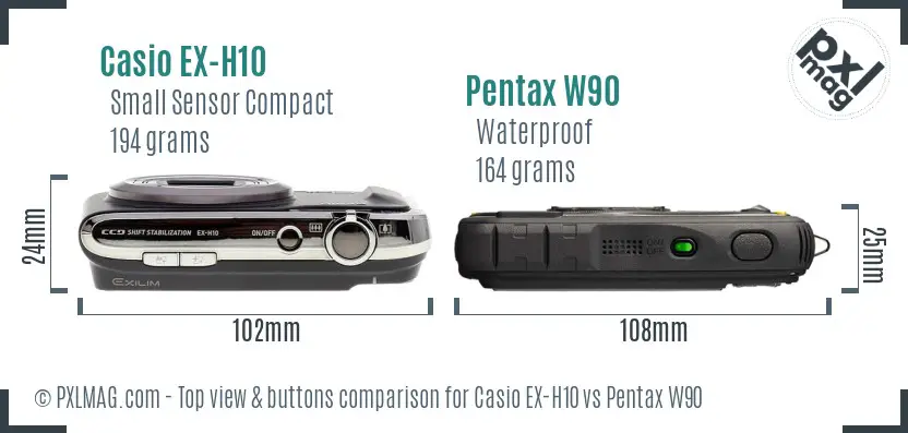 Casio EX-H10 vs Pentax W90 top view buttons comparison