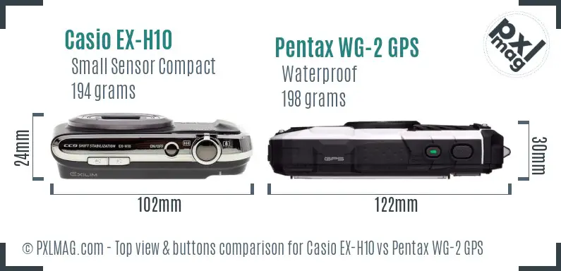Casio EX-H10 vs Pentax WG-2 GPS top view buttons comparison Casio EX-H10 vs Pentax WG-2 GPS top view buttons comparison