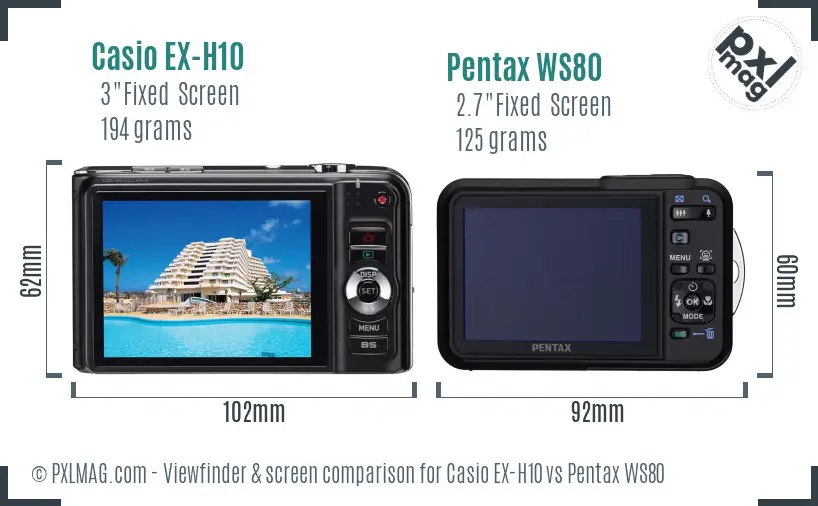 Casio EX-H10 vs Pentax WS80 Screen and Viewfinder comparison