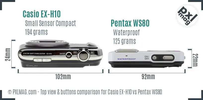 Casio EX-H10 vs Pentax WS80 top view buttons comparison