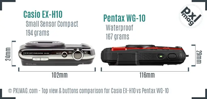 Casio EX-H10 vs Pentax WG-10 top view buttons comparison