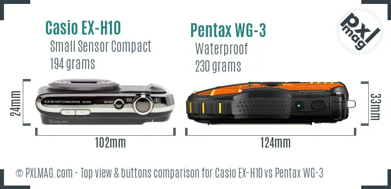 Casio EX-H10 vs Pentax WG-3 top view buttons comparison