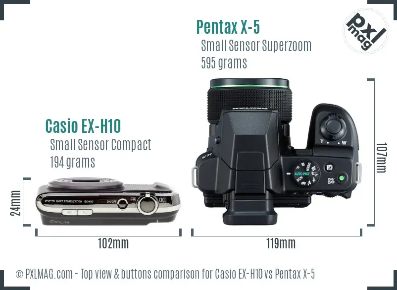 Casio EX-H10 vs Pentax X-5 top view buttons comparison Casio EX-H10 vs Pentax X-5 top view buttons comparison