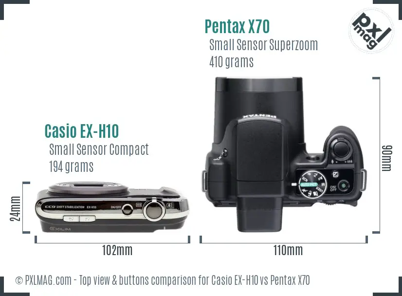 Casio EX-H10 vs Pentax X70 top view buttons comparison Casio EX-H10 vs Pentax X70 top view buttons comparison
