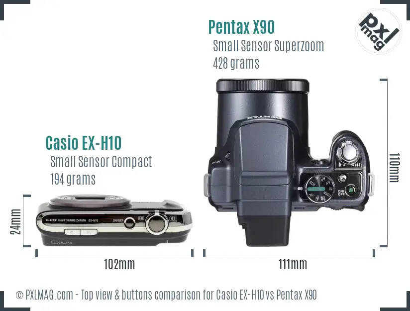 Casio EX-H10 vs Pentax X90 top view buttons comparison
