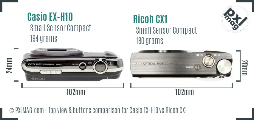 Casio EX-H10 vs Ricoh CX1 top view buttons comparison