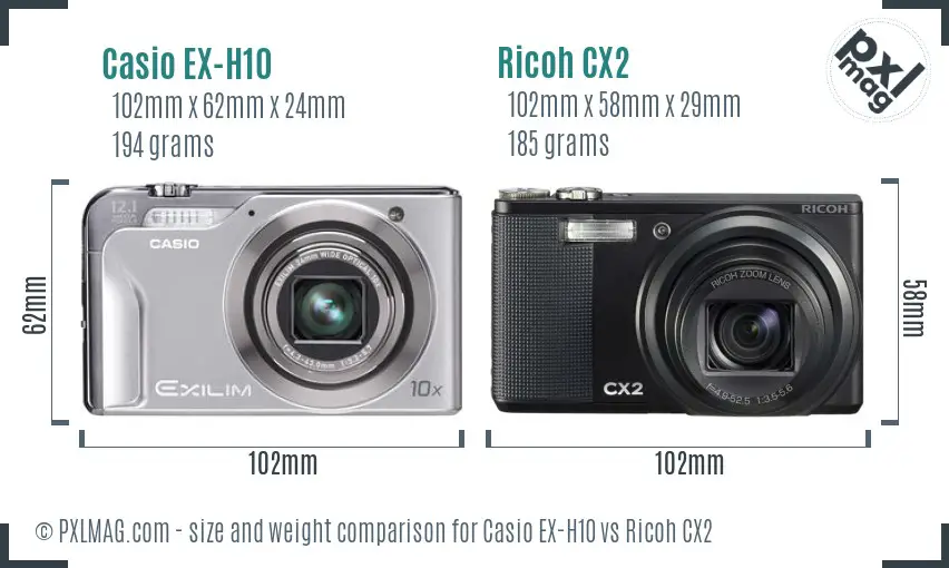 Casio EX-H10 vs Ricoh CX2 size comparison